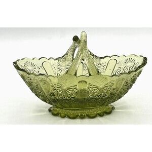 Fenton Art Glass Colonial Green Glass Basket‎ American Classic Twig Handle EUC
